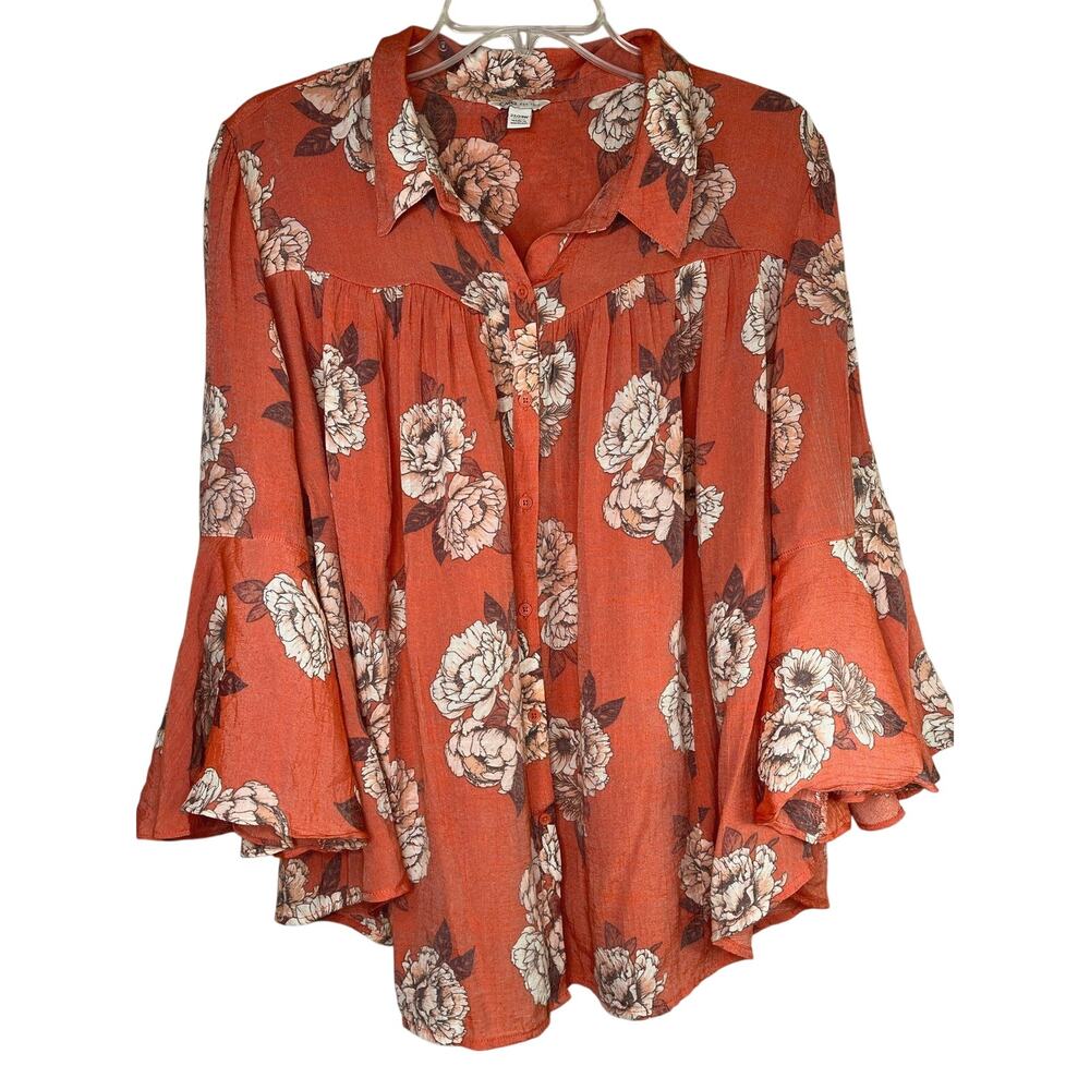 Cato floral print semi sheer bell sleeve button up blouse, 22/24W, EUC